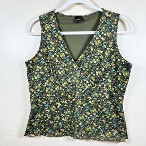 Vintage‎ Studio Y Babydoll Y2K Forest Fairy Mesh Overlay Top Size L Green Floral